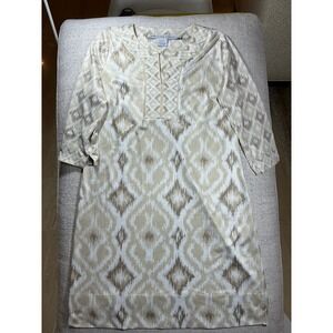 Gretchen Scott Womens Tan White Ikat Print Split Neck 3/4 Sleeve Shift Dress L